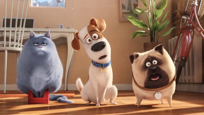 In this image released by Universal Pictures, Chloe, voiced by Lake Bell, from left, Max, voiced by Louis C.K., and Mel, voiced by Bobby Moynihan, appear in a scene from, "The Secret Life of Pets."
