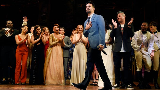 Lin-Manuel Miranda, creator of "Hamilton: An American Musical," walks onstage during the curtain call on the opening night of the Los Angeles run of the show in August. Tickets for Denver performances went on sale Monday.