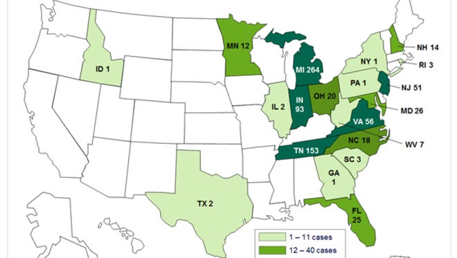 This map shows the number of people in each state sickened by tainted steroid injections in 2012.