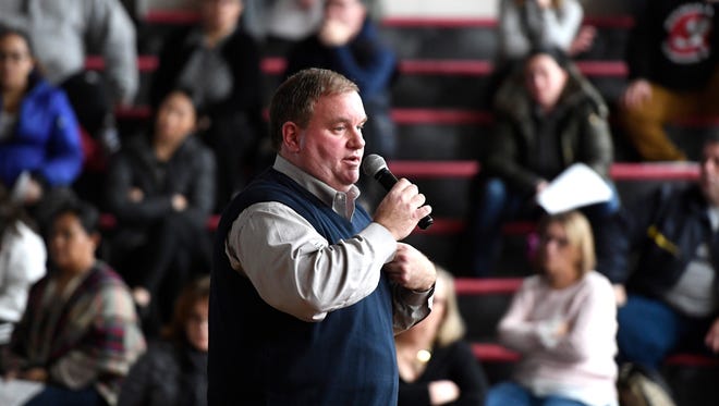 Maywood Superintendent Michael Jordan speaks to a crowd of about 250 parents during an information session about the send-receive contract dispute with Hackensack on Monday, January 29, 2018.