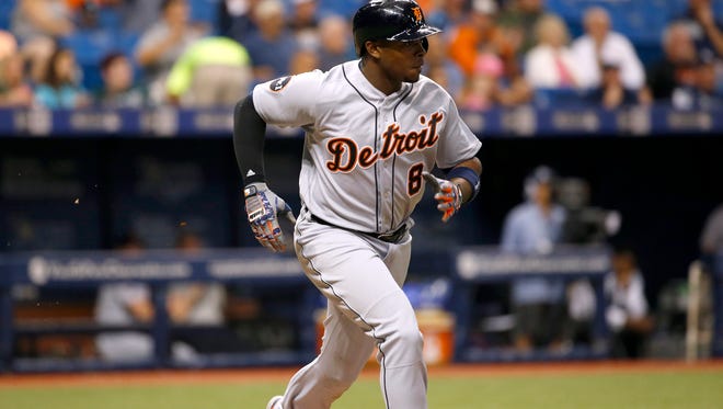 Tigers leftfielder Justin Upton (8) singles during the seventh inning of the Tigers' 5-1 loss Tuesday in St. Petersburg, Fla.