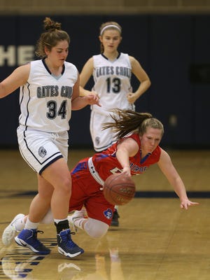Fairport's Zoe Janes (23) dives as she tries to control  the ball ahead of Gates-Chili's Erika Oechsle (34) and Taylor clark (13). 