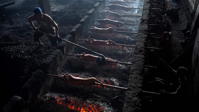 A worker applies oil onto bamboo-skewered pigs as his colleagues rotate them while they are roasted over hot coals in Manila. Lechón is a regular fare at Philippine festivities, especially during Christmas and New Year celebrations.