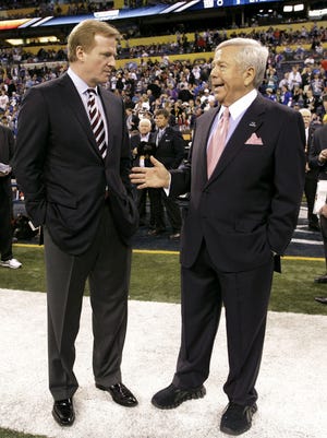 In this Feb. 5, 2012, file photo, NFL Commissioner Roger Goodell, left, talks with New England Patriots Chairman and CEO Robert Kraft before the NFL Super Bowl XLVI football game between the New York Giants and the New England Patriots in Indianapolis. Kraft and Goodell have worked closely in bringing about the league's impressive growth.