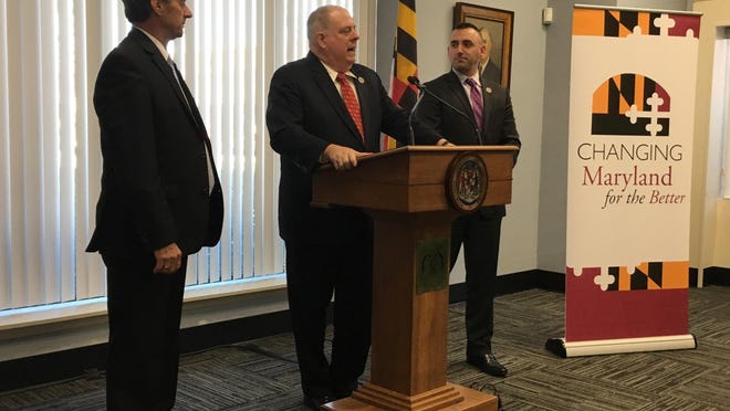 Maryland Gov. Larry Hogan recently signed an executive order declaring a state of emergency in response to the growing heroin and opioid crisis in Maryland. Shown with Hogan on a recent and unrelated visit to Salisbury are Wicomico County Executive Bob Culver, left, and Salisbury Mayor Jake Day.