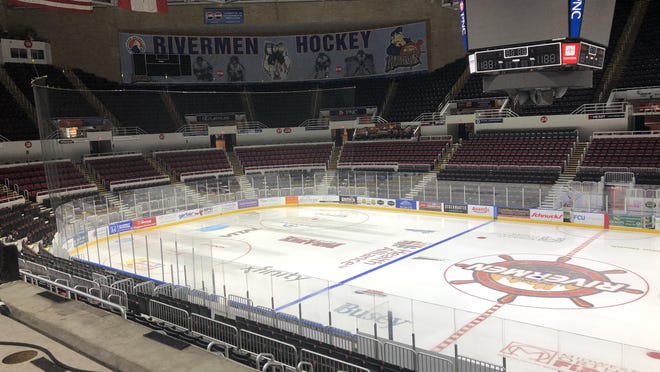 The ice in the entire zone (to the left of the blueline) shows issues from a breakdown of the ice making plant after a Peoria Rivermen game in the 2019-20 SPHL season.