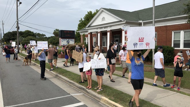 Almost 100 people participated in a Tybee Island demonstration supporting racial equality on Saturday, June 6, which included a procession along Butler Avenue and speeches in front of City Hall.