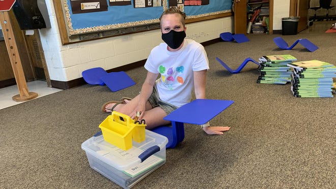 In Ashely York's first-grade classroom at Gier Elementary School in Hillsdale, students will sit at a new type of desk which will be sanitized daily.