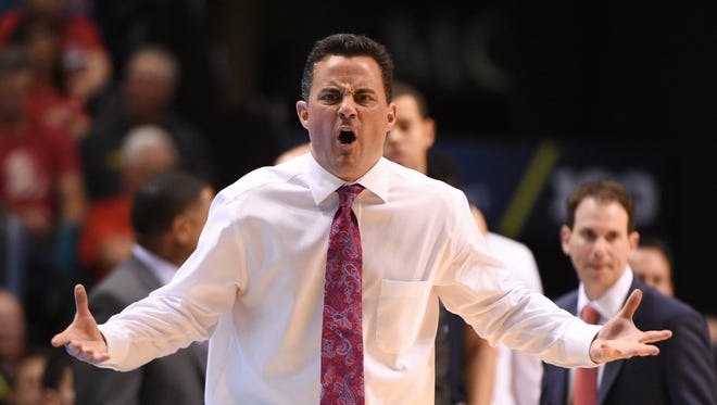 March 11, 2016: Arizona Wildcats head coach Sean Miller reacts against the Oregon Ducks during the second half in the semifinals of the Pac-12 Conference tournament at MGM Grand Garden Arena. The Ducks defeated the Wildcats 95-89.