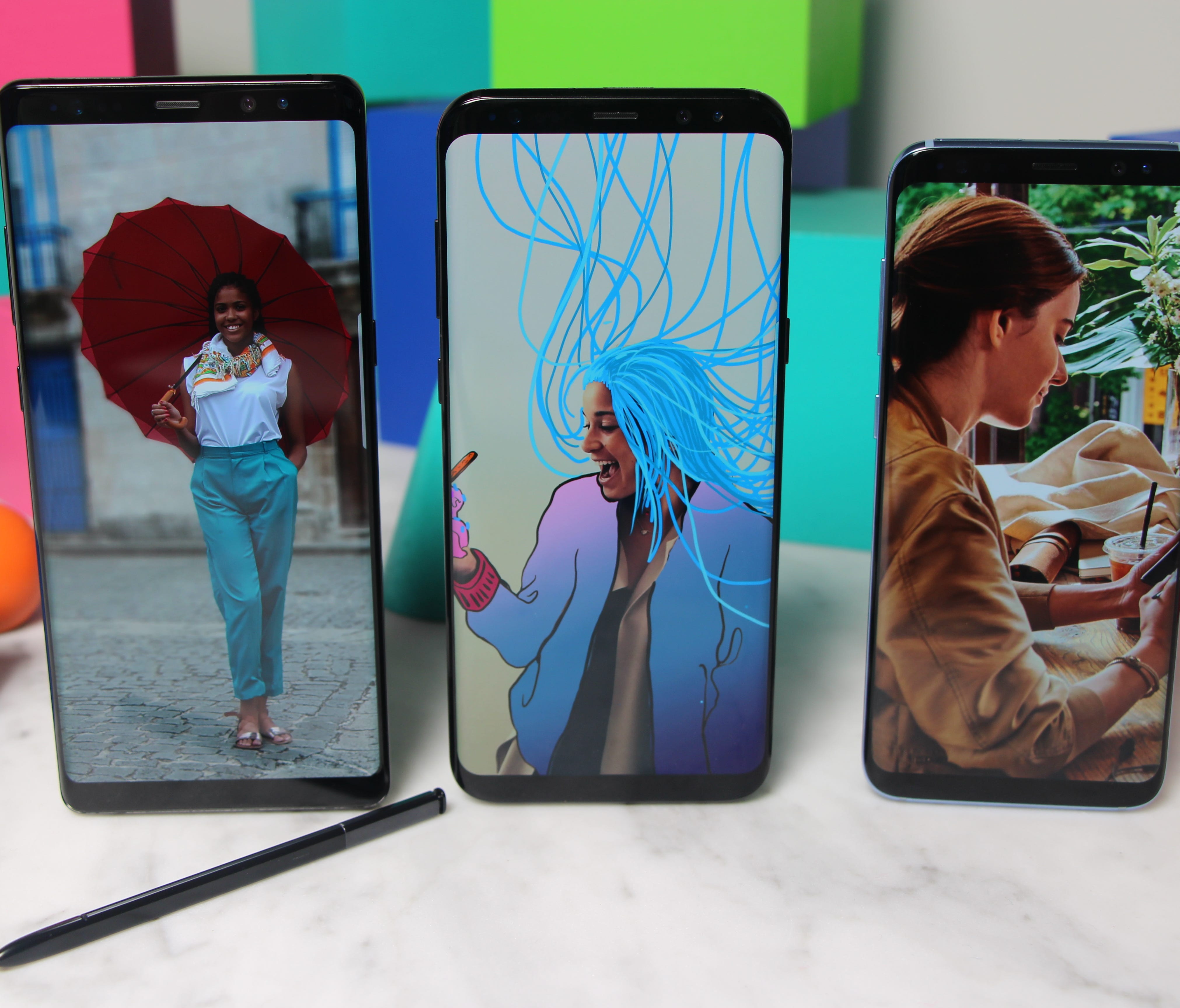 From left: Samsung's Galaxy Note 8, Galaxy S8+ and Galaxy S8.