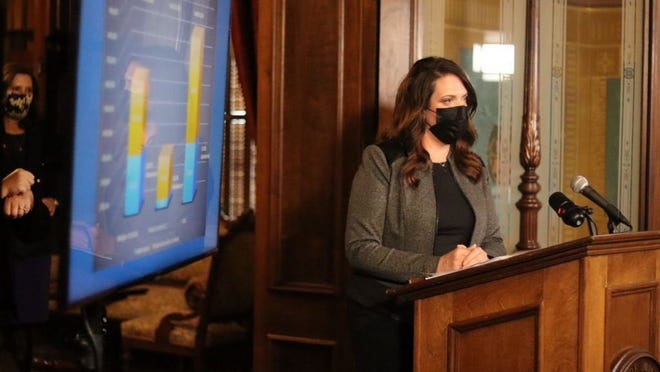 Michigan Chief Operating Officer Tricia Foster speaks at a recent news conference held by Gov. Gretchen Whitmer.