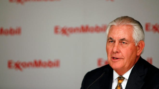 FILE — Rex Tillerson, chairman and chief executive of Exxon Mobil, speaks during a news conference in Dallas, May 25, 2016. President-elect Donald Trump on Dec. 13 officially selected Tillerson to be his secretary of state. In saying he will nominate Tillerson, Trump is dismissing bipartisan concerns that the globe-trotting leader of an energy giant has a too-cozy relationship with Russian President Vladimir Putin. (Ben Torres/The New York Times)