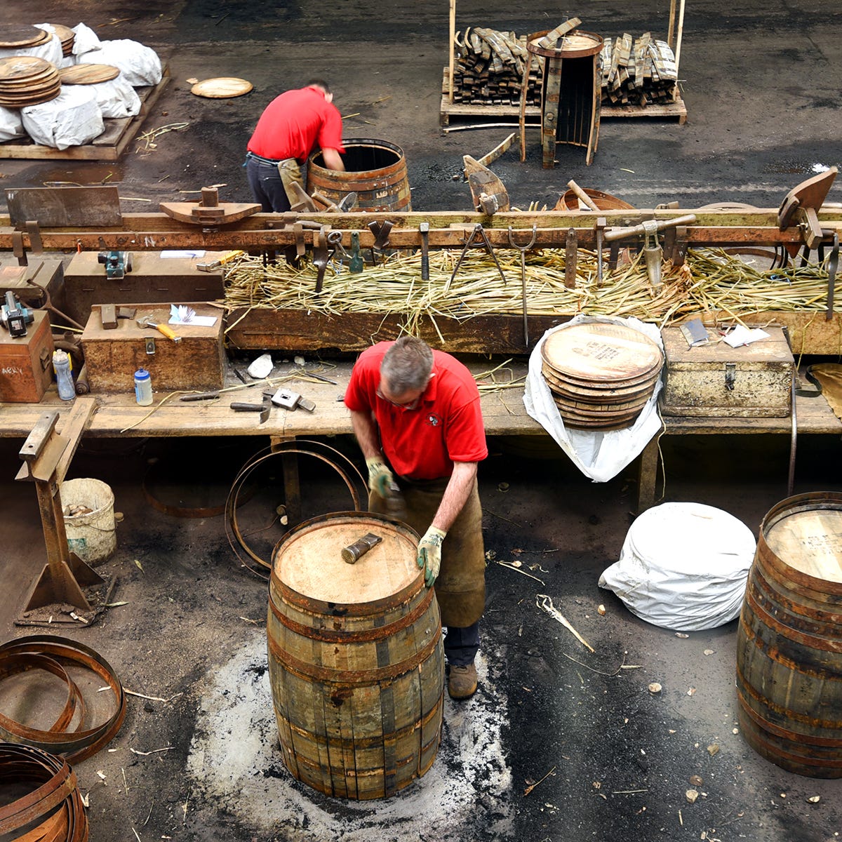 Workers at Scotland's Speyside Cooperage fashion oak casks for aging Scotch whisky.