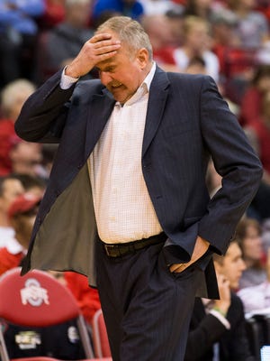 Ohio State Buckeyes head coach Thad Matta reacts to a call by officials against his team in the game against the Northern Illinois Huskies at Value City Arena. Ohio State won the game 67-54.