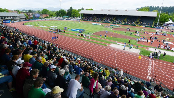 Fans fill the stands on the final day of the NCAA Outdoor Track & Field Championships at Historic Hayward Field in June. Nike logos have been covered up for the world junior track championships.