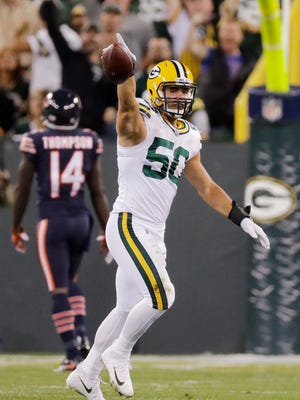 Green Bay Packers inside linebacker Blake Martinez (50) celebrates after recovering a Chicago Bears fumble in the first quarter on Thursday, September 28, 2017 at Lambeau Field in Green Bay, Wis.