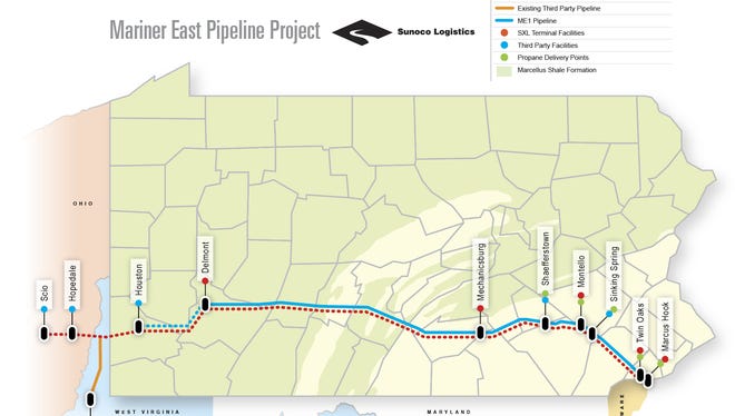 The proposed route of the Mariner East pipeline.