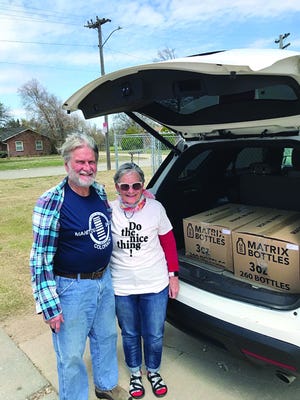 Stafford residents Steve and Linda Hiebert delivered two cases of hand sanitizer to Stafford County Hospital, donated by Boot Hill Distillery in Dodge City, for sharing with facilities in Stafford and St. John.