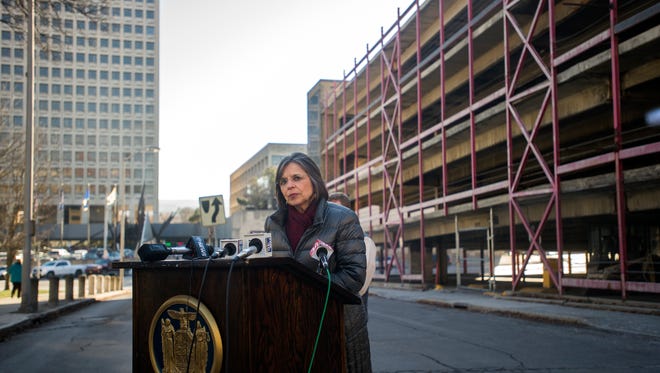 Assemblywoman Donna Lupardo discusses proposals to strengthen oversight of parking garages in New York state during a January news conference in Binghamton.