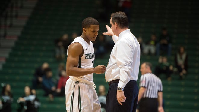 Binghamton University guard Marlon Beck with head coach Tommy Dempsey during the Bearcat's 62-52 loss to Stony Brook at home on Wednesday, Jan. 6, 2016.