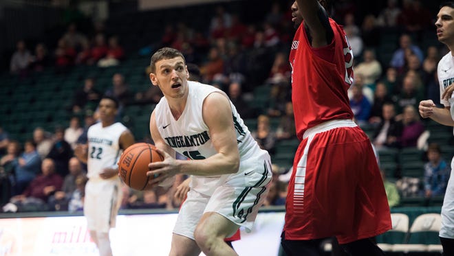 Binghamton University forward Bobby Ahern backs into the paint during BU's 62-52 home loss to Stony Brook on Wednesday, Jan. 6, 2016. Ahearn paced the Bearcats with 13 points in the loss which dropped Binghamton to 3-11 on the season.