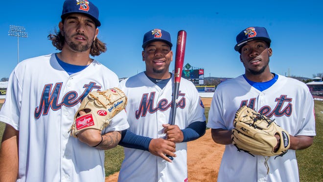 From left, Binghamton Mets starting pitcher Robert Gsellman, first baseman Dominic Smith, and relief pitcher Akeel Morris.