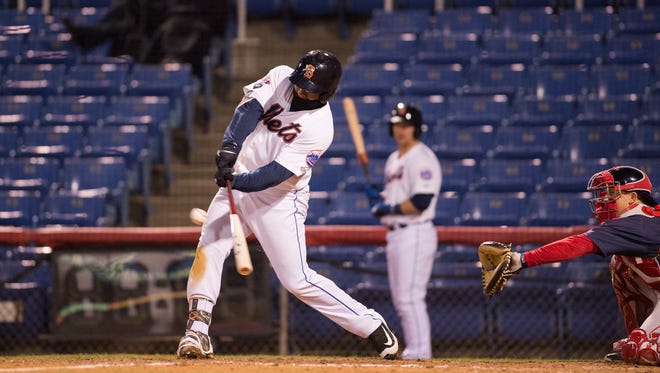 Binghamton Mets first baseman Dominic Smith singles home to go-ahead run in the bottom of the eighth inning against the Portland Sea Dogs at NYSEG Stadium on Tuesday, April 26, 2016.