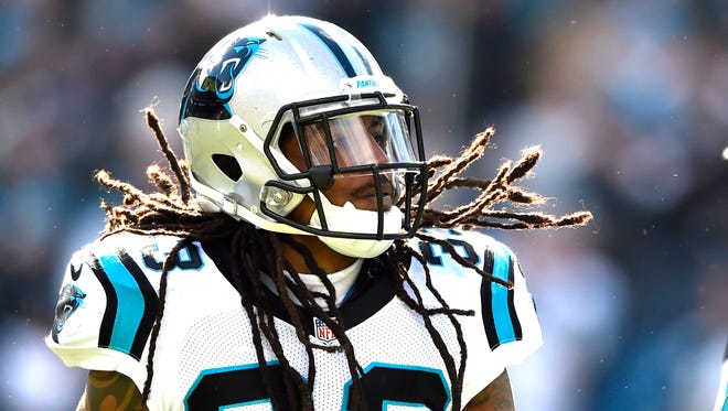 Carolina Panthers free safety Tre Boston (33) reacts in a NFC Divisional round playoff game at Bank of America Stadium.