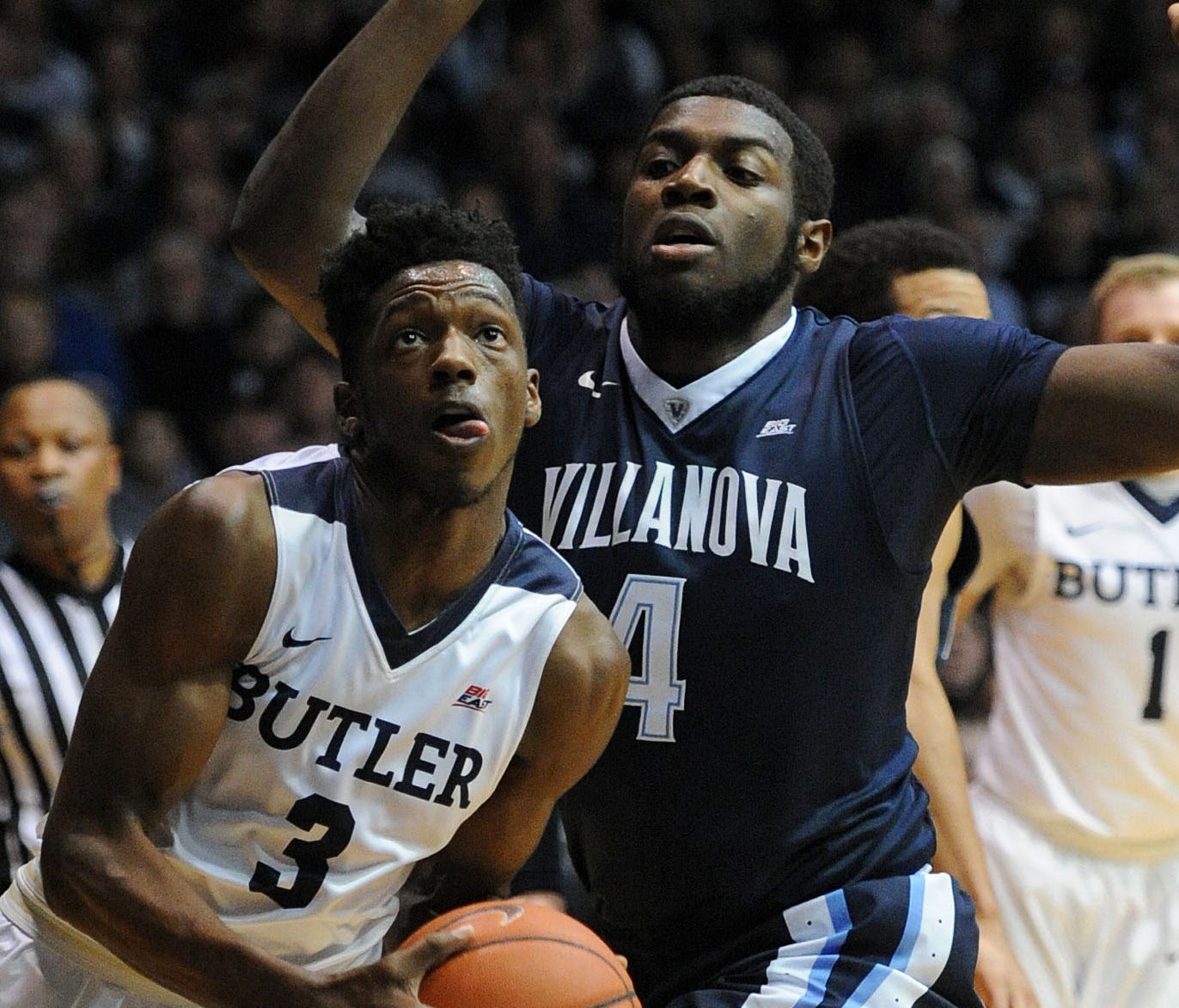 Butler guard Kamar Baldwin passes goes under the basket during the first half at Hinkle Fieldhouse.