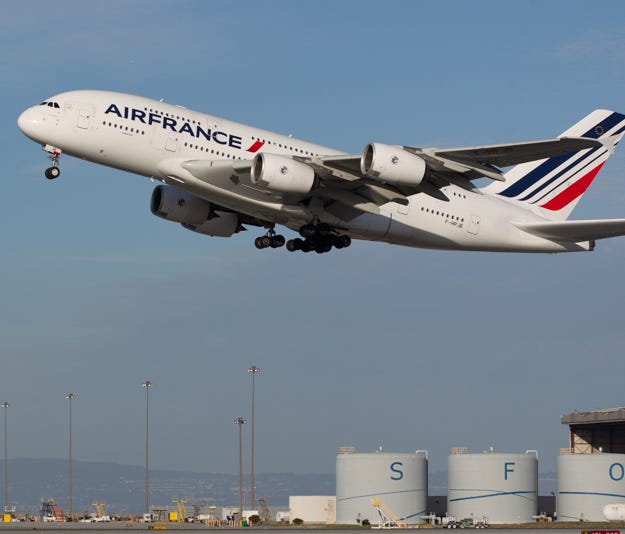 An Air France Airbus A380 begins the long journey to Paris from San Francisco International Airport on Oct. 23, 2016.