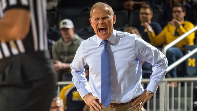 Michigan coach John Beilein reacts to a foul called on his team in the first half on Saturday, Nov. 11, 2017, at Crisler Center.
