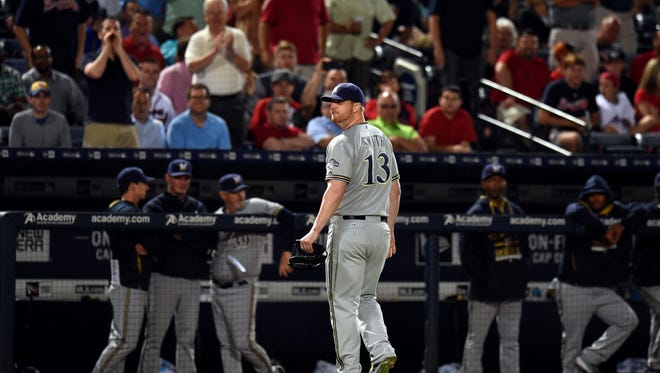 Brewers relief pitcher Will Smith reacts after being ejected from the game May 21 for a foreign substance on his arm against the Atlanta Braves at Turner Field.