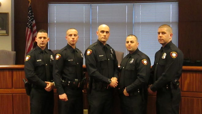 Woodbridge Police Department announces appointment of five to officers to patrol ranks.  (l-r) Police Officer Nicholas James Errico: Police Officer Christopher Rendeiro Esteves: Police Officer Joseph William Russyk: Police Officer Michael Joseph Hart: Police Officer Matthew Edward Dougherty.