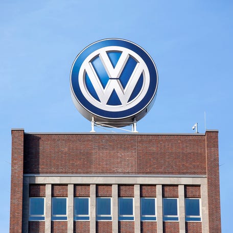 The VW logo on the roof of Volkswagen's corporate headquarters in Wolfsburg, Germany