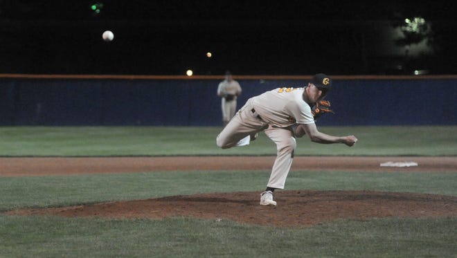 Mac Spears pitches against the Grand Lake Mariners in the Graders' home opener.