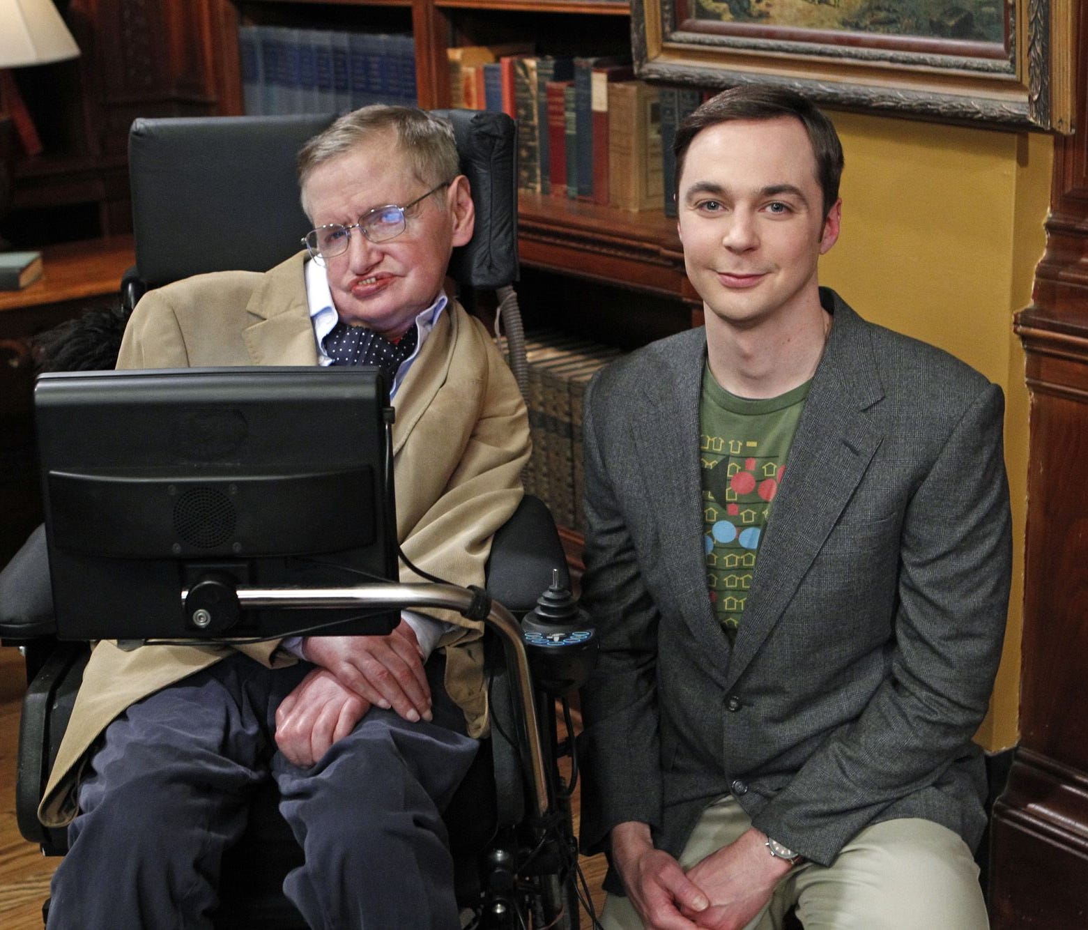 Stephen Hawking (left) and Jim Parsons filming an episode of 'The Big Bang Theory.'