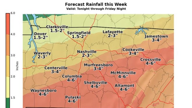 Forecast from NWS for Middle Tennessee rain as of Dec. 19.