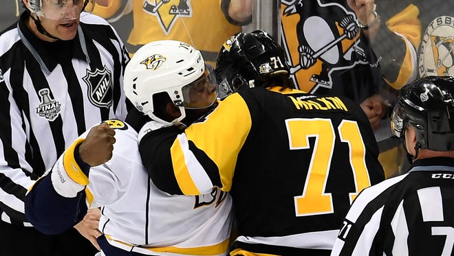 Predators defenseman P.K. Subban fights with Penguins center Evgeni Malkin (71) during the third period of Game 2 of the Stanley Cup Final on Wednesday, May 31, 2017.