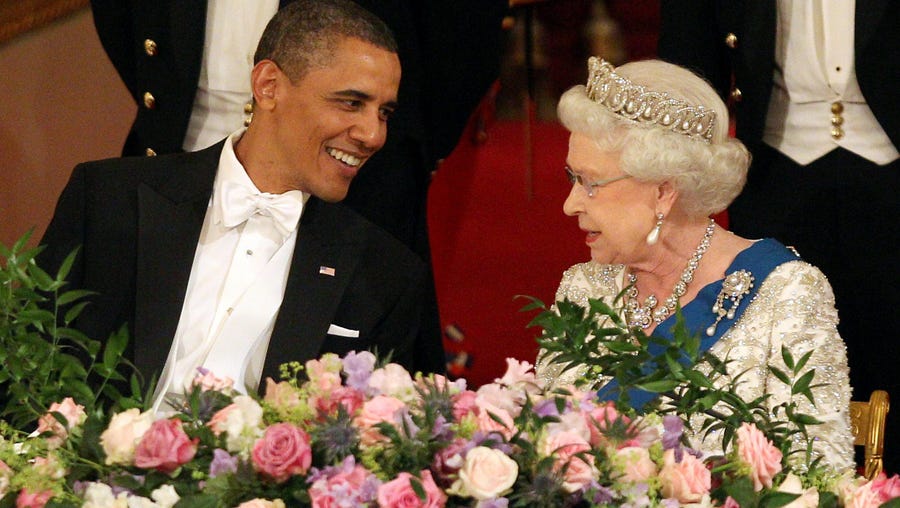 U.S. Presidents come and go but Britain's Queen Elizabeth II has stood the test of time as the one of the world's longest ruling monarchs.   Take a look back through her numerous visits with Presidents of the United States.  Queen Elizabeth II, and President Barack Obama chat during a state banquet in Buckingham Palace in 2011.