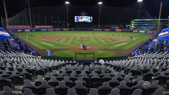 A view of Sahlen Field during the sixth inning of Wednesday night's game between the Toronto Blue Jays and the Boston Red Sox in Buffalo, N.Y.