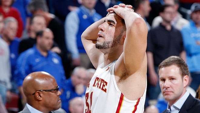 Georges Niang expresses stunned disbelief after Iowa State lost 60-59 to UAB in the round of 64 at the NCAA Tournament on Thursday in Louisville, Ky.