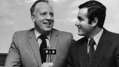 At age 26, Al Michaels (right) joined Joe Nuxhall in the Reds radio broadcast booth  in 1971 for three seasons.