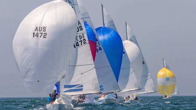 Etchells make their way around the course during Day 2 of the Sail Newport Newport Regatta on Sunday.