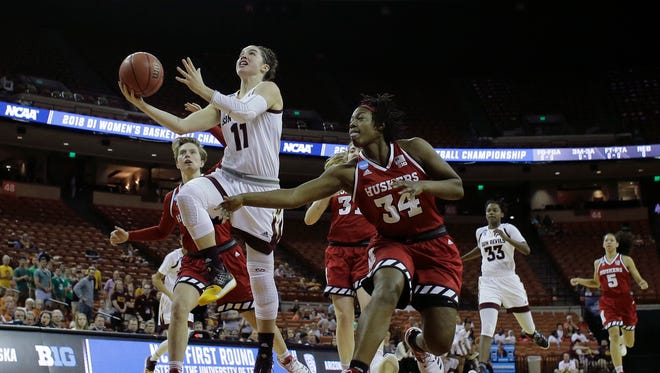 Arizona State guard Robbi Ryan (11) drives to the basket past Nebraska guard Jasmine Cincore (34) during a first-round game in the NCAA women's college basketball tournament, Saturday, March 17, 2018, in Austin, Texas. (AP Photo/Eric Gay)