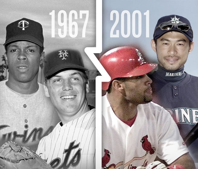 The 2001 Rookie of the Year tandem of Albert Pujols and Ichiro Suzuki remains active, while the 1967 Rod Carew-Tom Seaver combo is the only duo to earn first-ballot Hall of Fame recognition