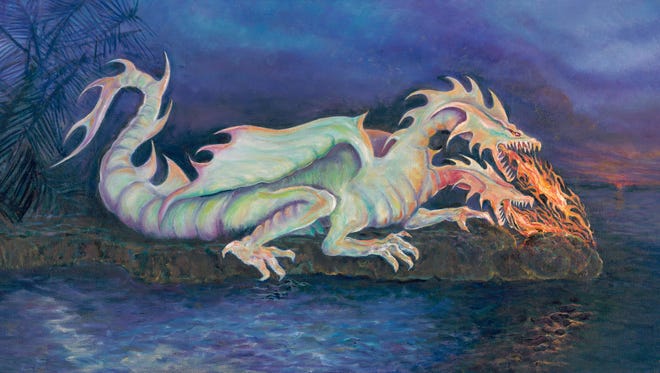 This oil painting by Micco artist Jim McMillan depicts Rojak, a two-headed fire-breathing dragon.