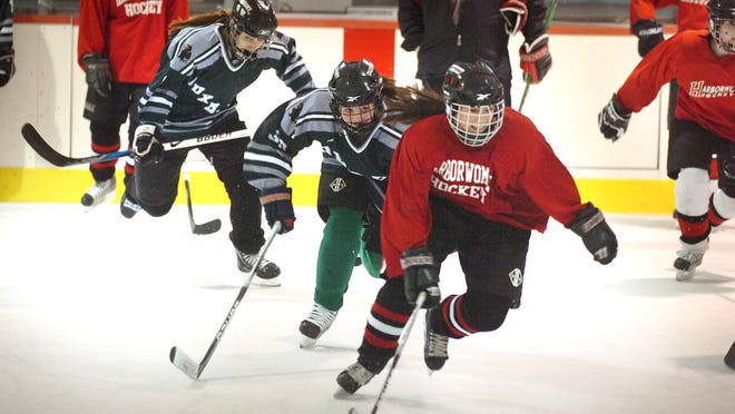 The Hingham and Duxbury high school girls hockey teams scrimmaged at Hingham's Pilgrim Arena on Thursday, March 16, 2011, in preparation for their state championship games.