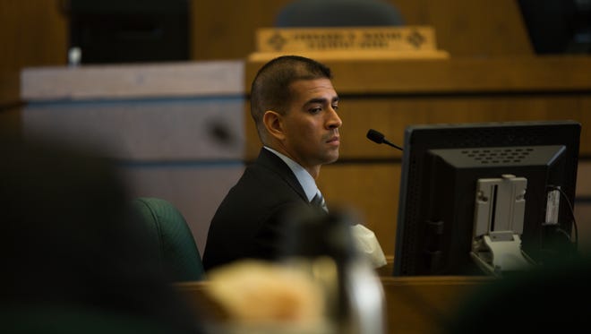 Former LCPD Officer Richard Garcia testifies on Thursday June 30, 2016 during his trial where he is accused for beating Ross Flynn in a holding cell on December 23, 2014.