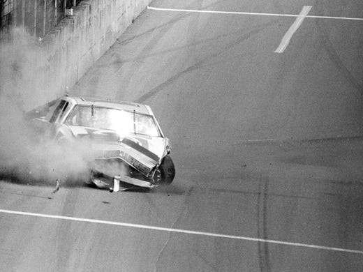Darrell Waltrip hits the wall during the 25th annual
