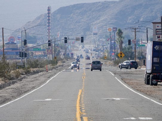 The town of Baker, California, as seen from the driveway of the former Arne's Royal Hawaiian motel.